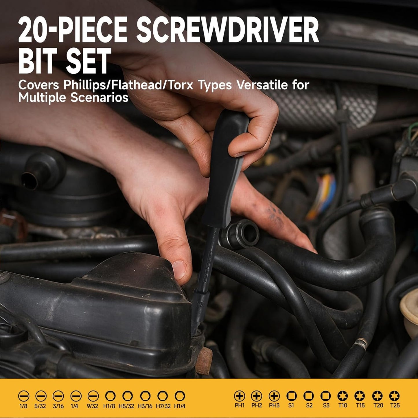 72 PCS 3/8" Impact Socket Bit Set 6 Point, CRV SAE and Metric Sizes (5/16 to 3/4-Inch & 8-22 mm), 2 Extension Rods, 1/4" & 1/2" Adapter, Universal Joint, Screwdriver Handle with 20 Bits